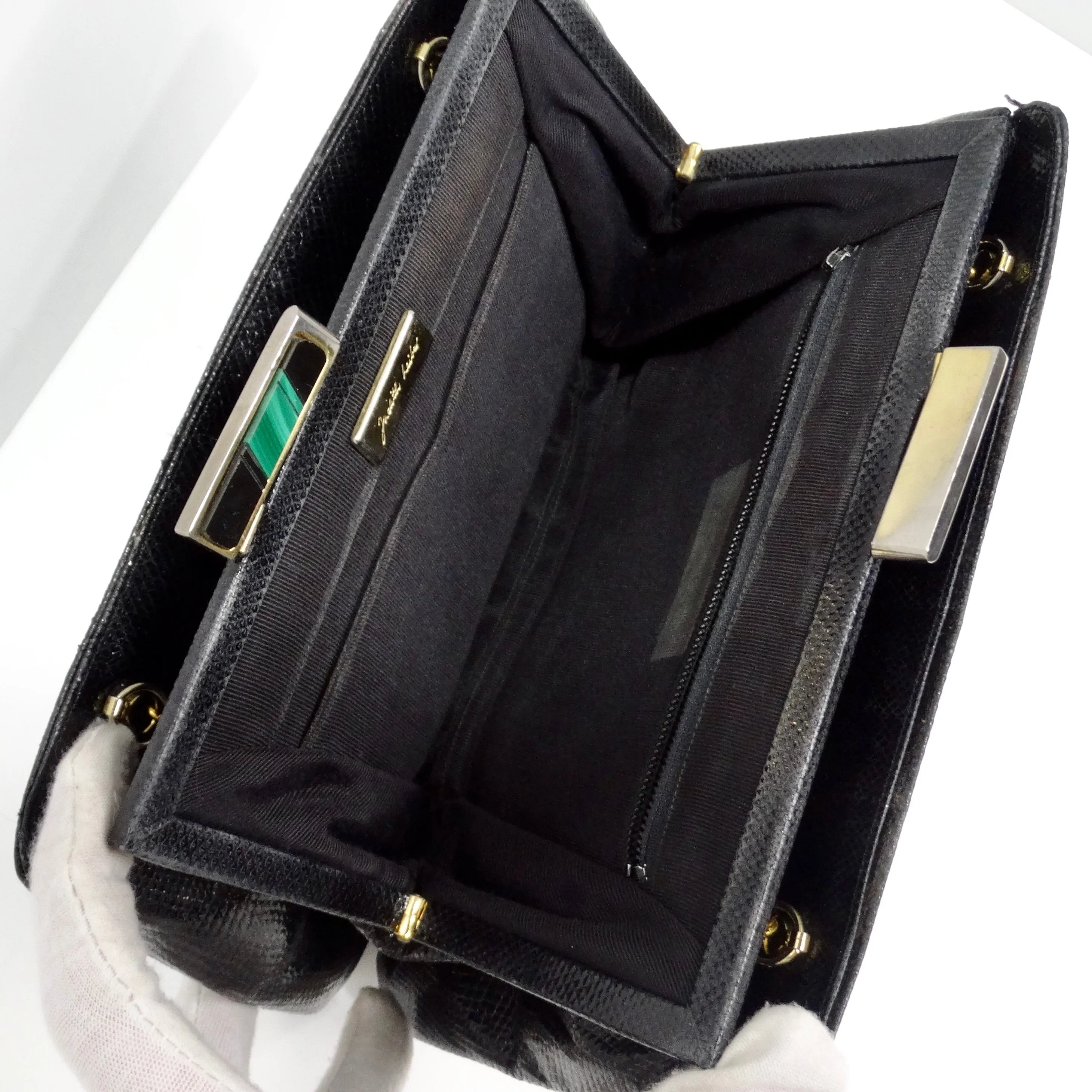 Judith Leiber 1980s Black Lizard Embossed Clutch