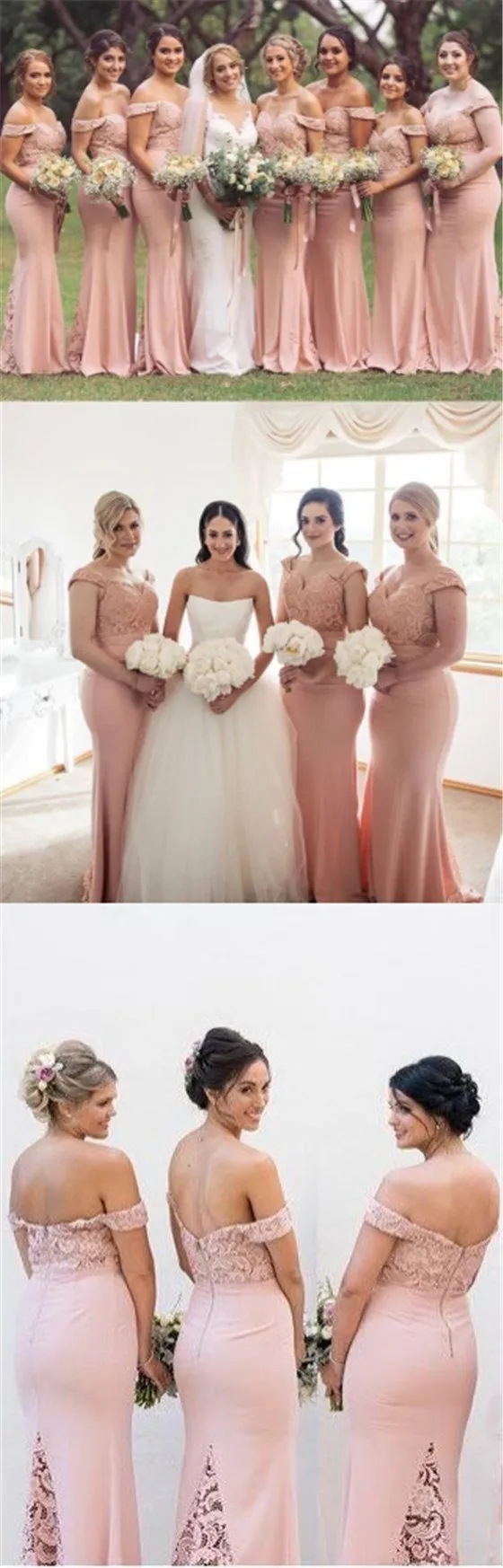 Junior Pretty Blush Pink Lace Off Shoulder Sweet Heart Mermaid Floor-Length Bridesmaid Dresses, WG55