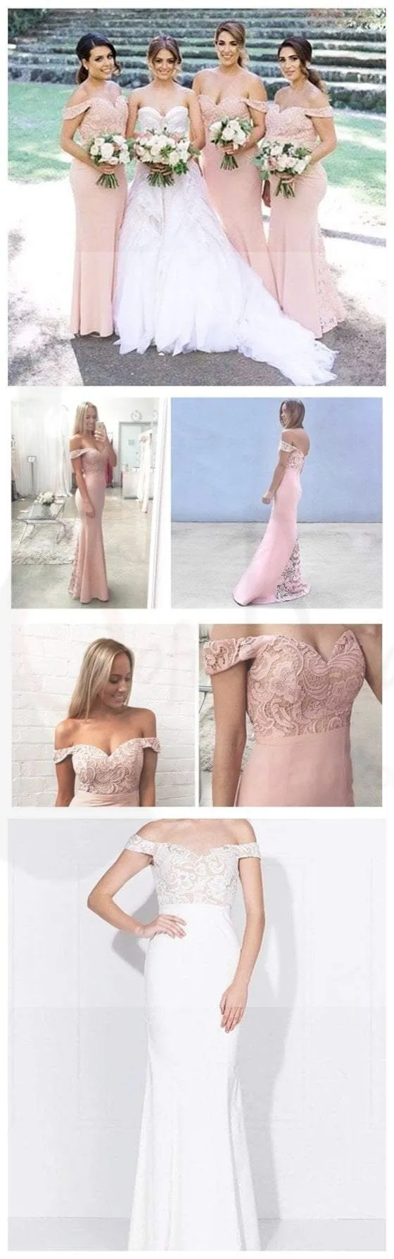 Junior Pretty Blush Pink Lace Off Shoulder Sweet Heart Mermaid Floor-Length Bridesmaid Dresses, WG55