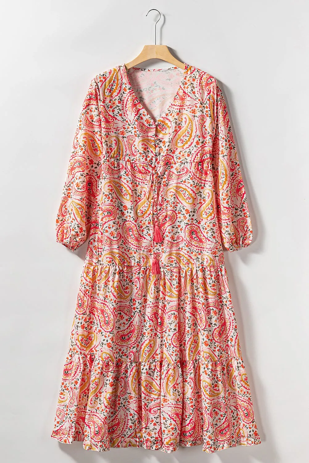 KaleaBoutique Boho Holiday Paisley Print Tiered Long Sleeve Maxi Dress
