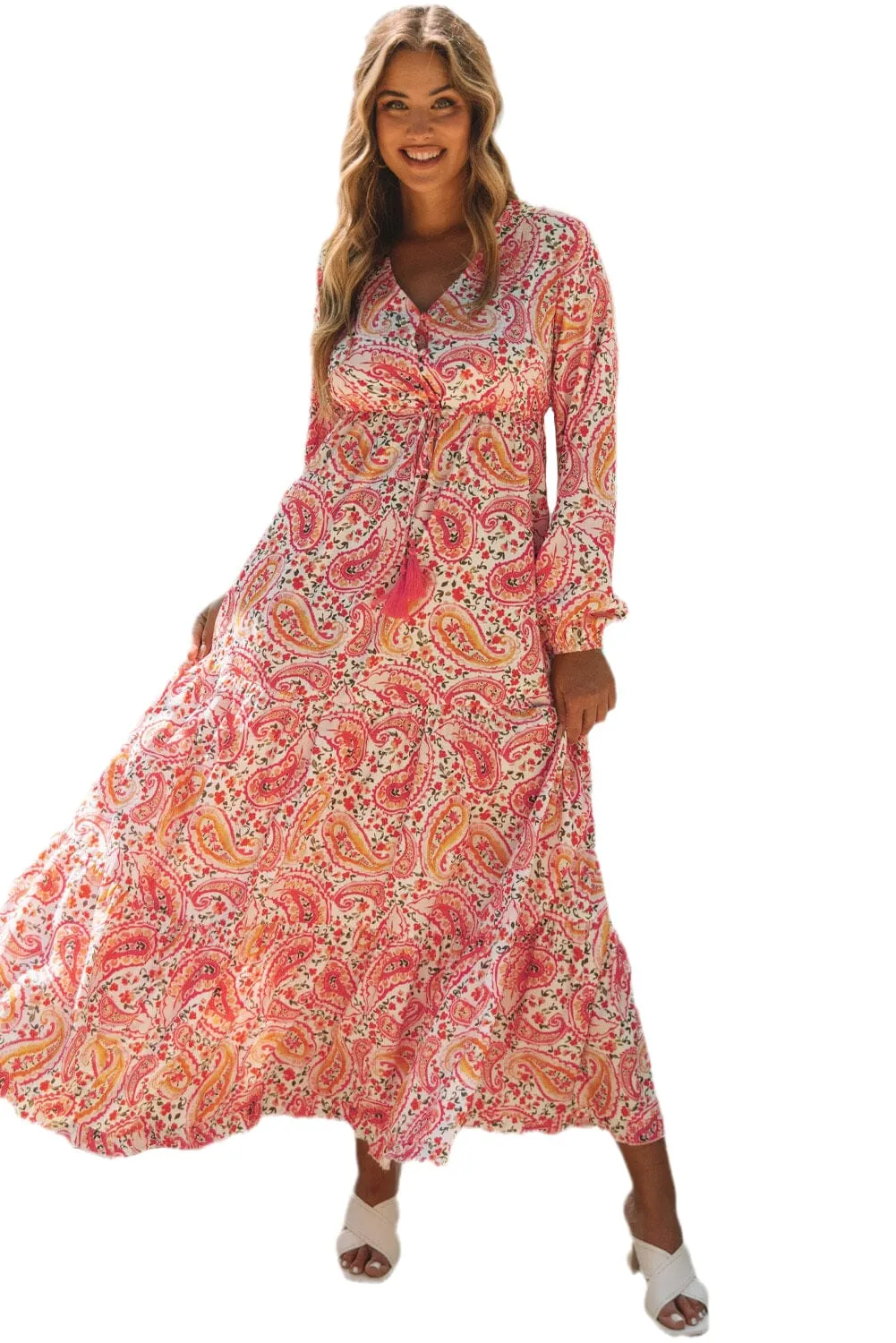 KaleaBoutique Boho Holiday Paisley Print Tiered Long Sleeve Maxi Dress