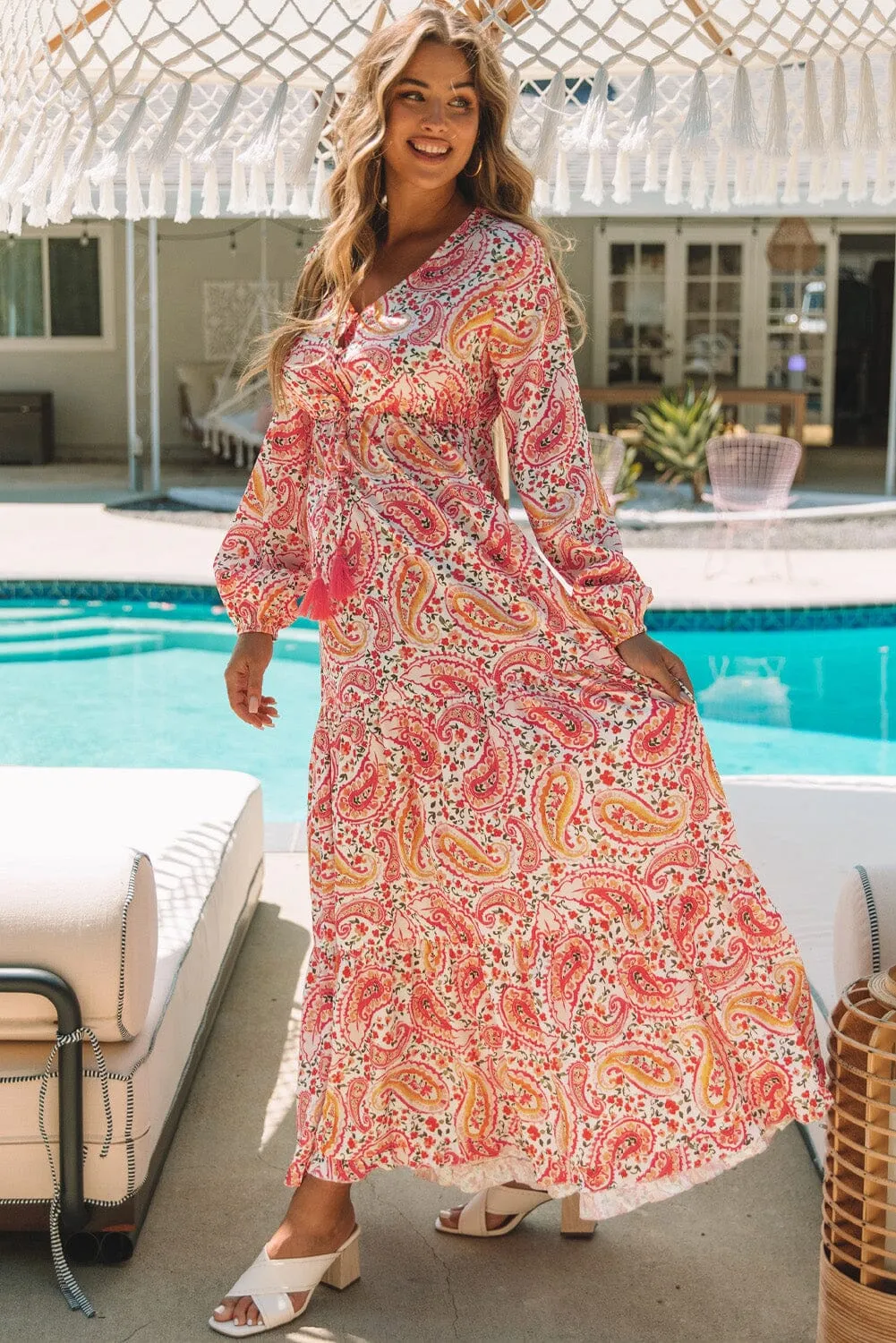 KaleaBoutique Boho Holiday Paisley Print Tiered Long Sleeve Maxi Dress