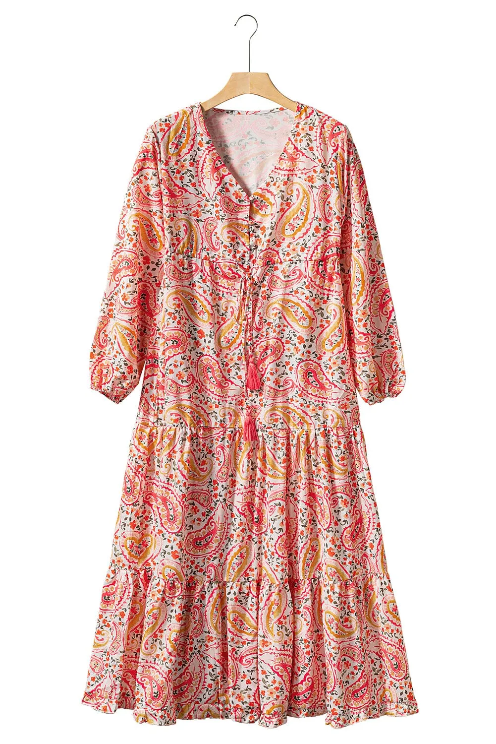 KaleaBoutique Boho Holiday Paisley Print Tiered Long Sleeve Maxi Dress