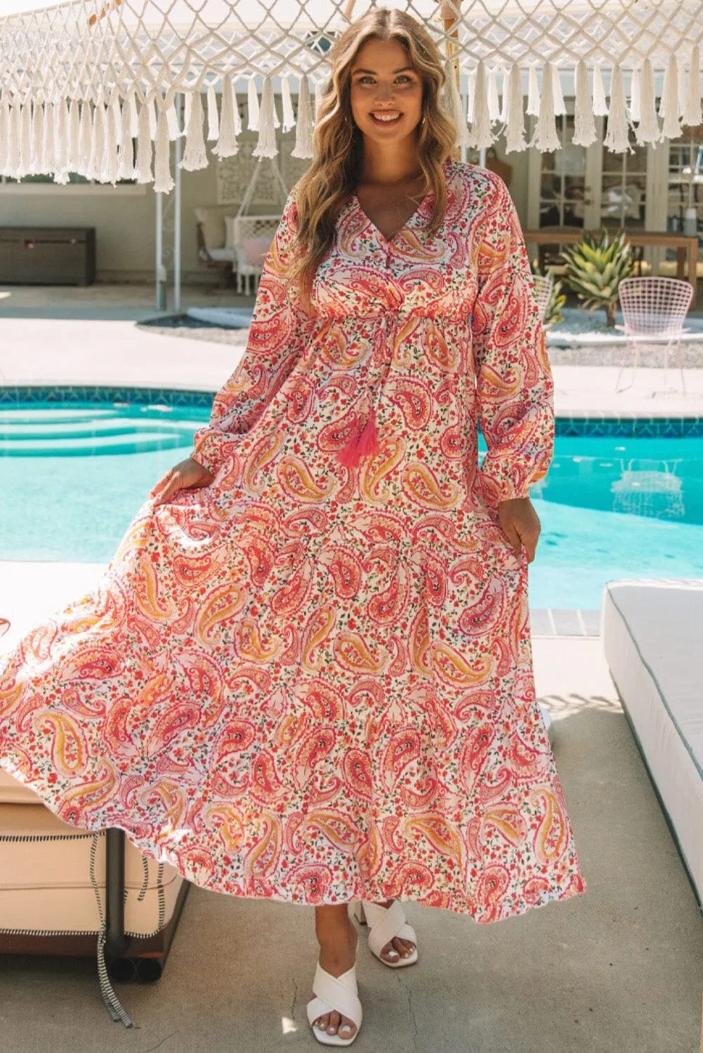 KaleaBoutique Boho Holiday Paisley Print Tiered Long Sleeve Maxi Dress