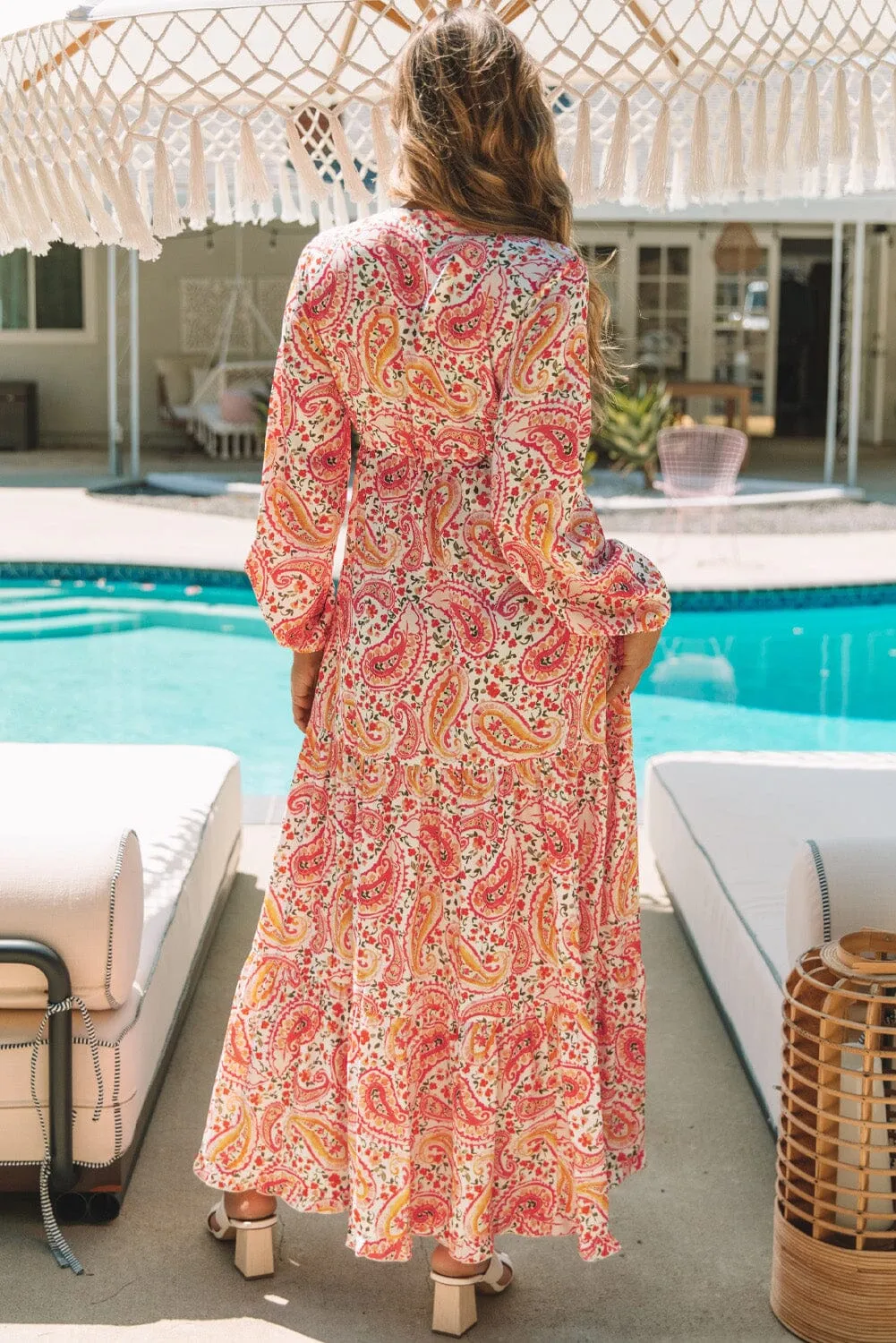 KaleaBoutique Boho Holiday Paisley Print Tiered Long Sleeve Maxi Dress