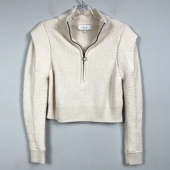 L'Academie Revolve Nonna Half Zip Sweater in Ivory XS Cropped Retro Chunky Knit