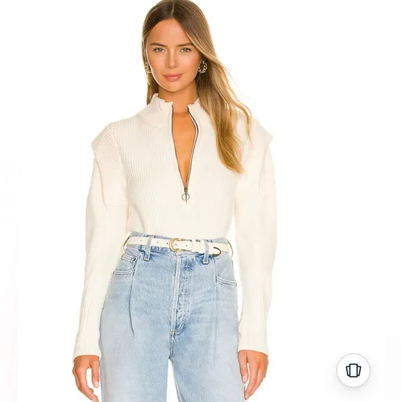 L'Academie Revolve Nonna Half Zip Sweater in Ivory XS Cropped Retro Chunky Knit