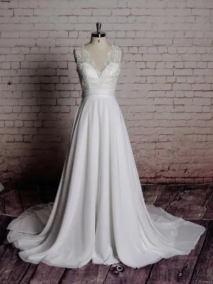 Lace Back Bow V Neck Cheap Beach Wedding Dresses Online, WD383