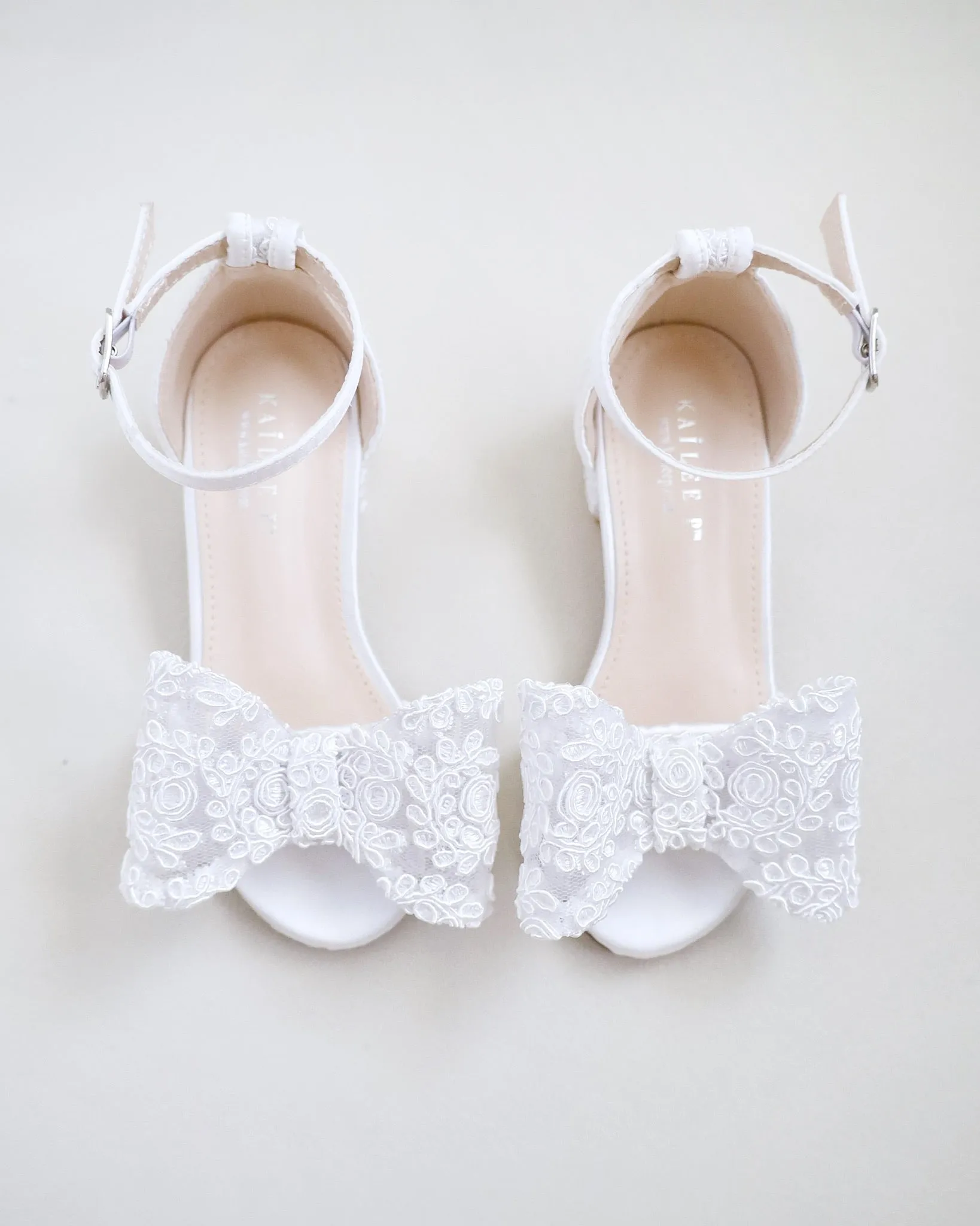 Lace Low Block Heel Girls Sandals with Oversized Crochet Lace Bow