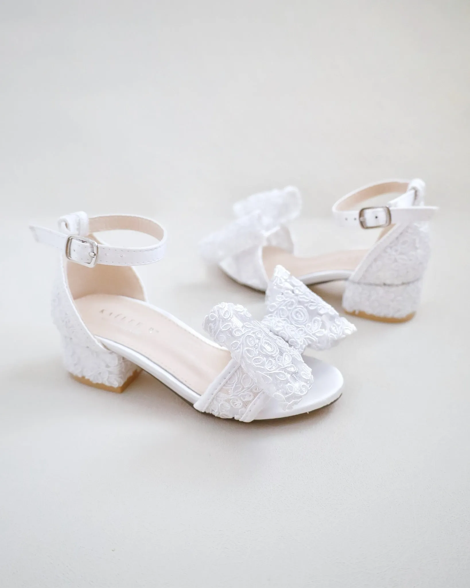 Lace Low Block Heel Girls Sandals with Oversized Crochet Lace Bow