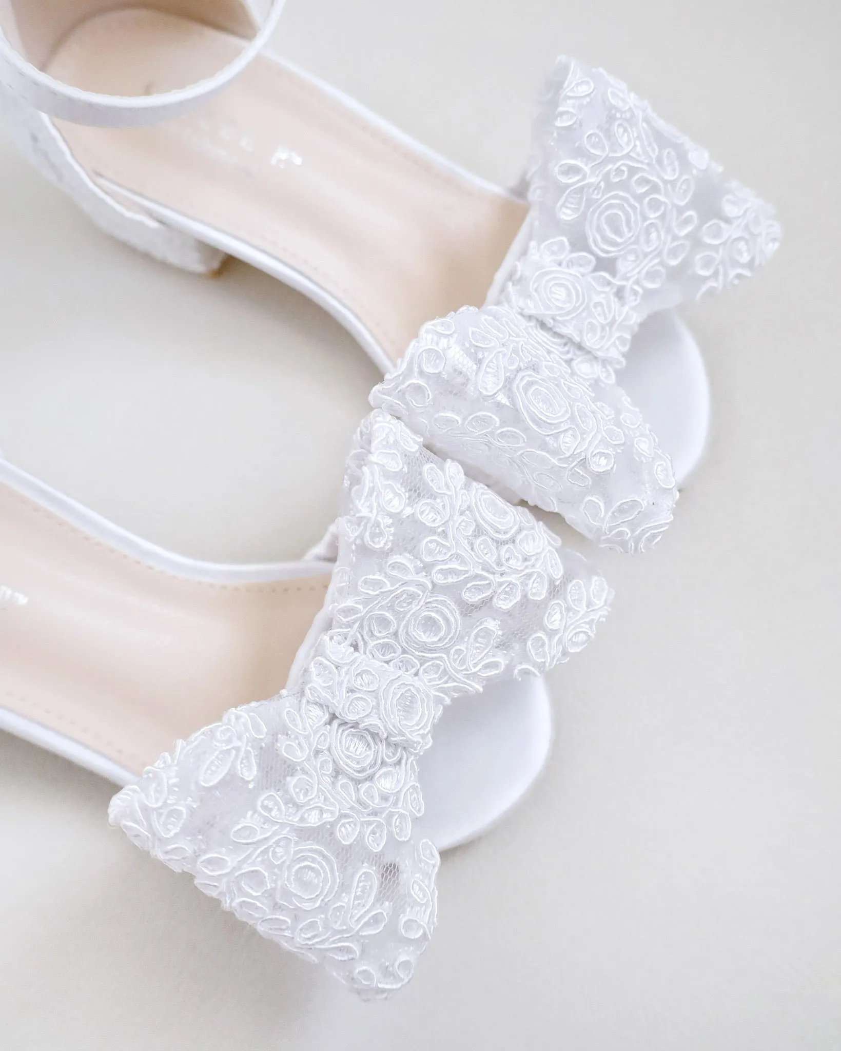 Lace Low Block Heel Girls Sandals with Oversized Crochet Lace Bow