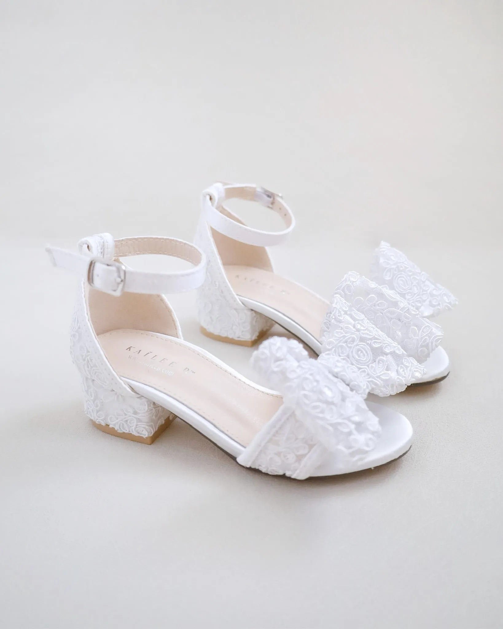 Lace Low Block Heel Girls Sandals with Oversized Crochet Lace Bow