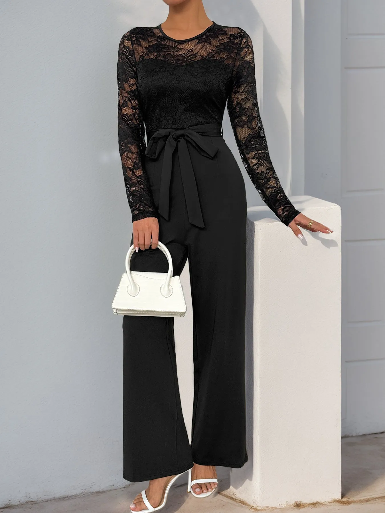 Lace Sleeve Jumpsuit | High Waist Wide Leg One-Piece