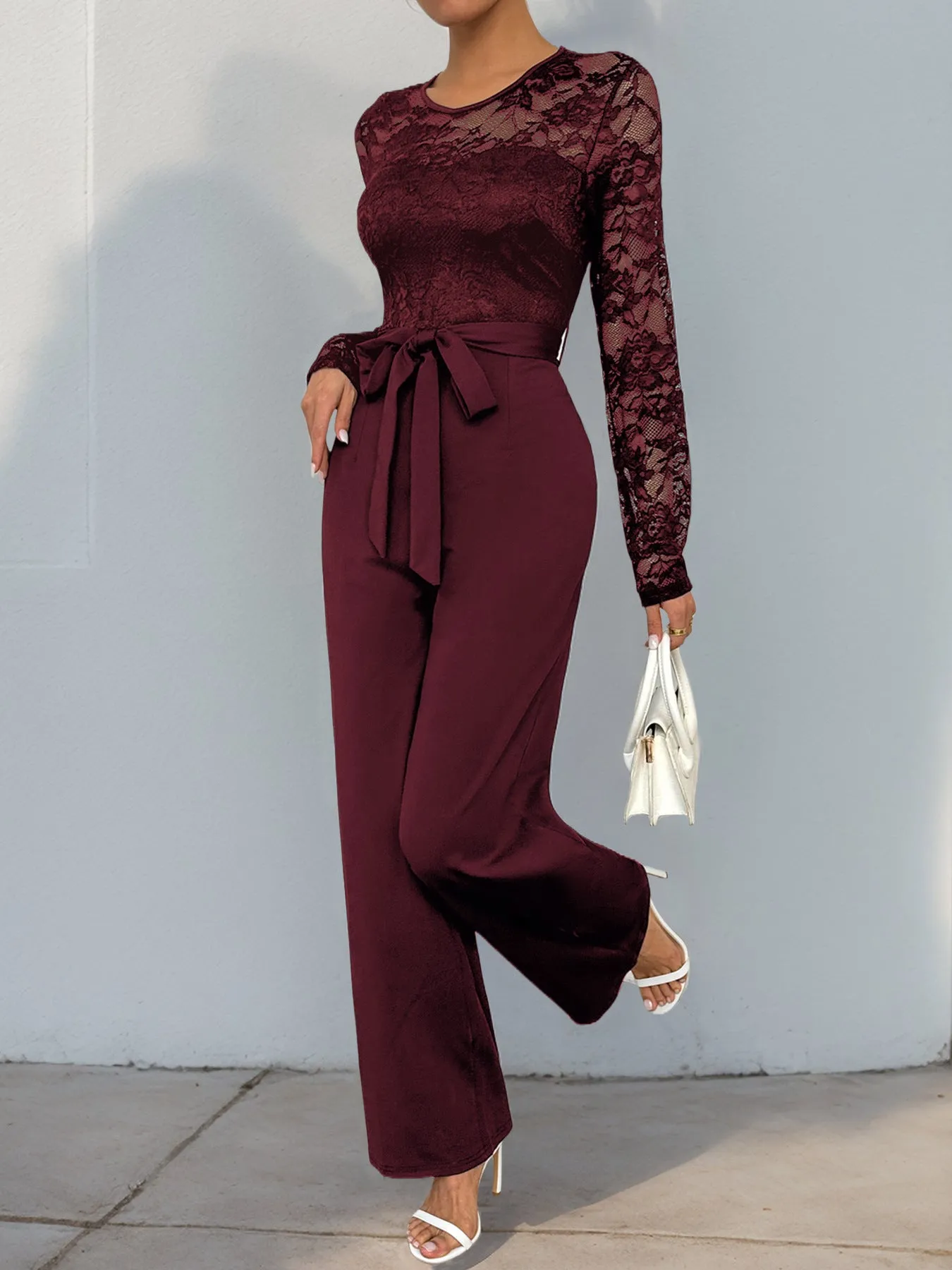 Lace Sleeve Jumpsuit | High Waist Wide Leg One-Piece