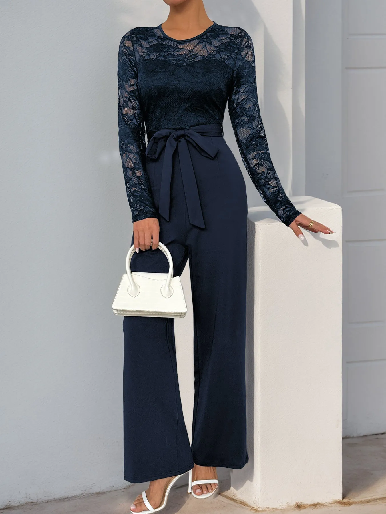Lace Sleeve Jumpsuit | High Waist Wide Leg One-Piece