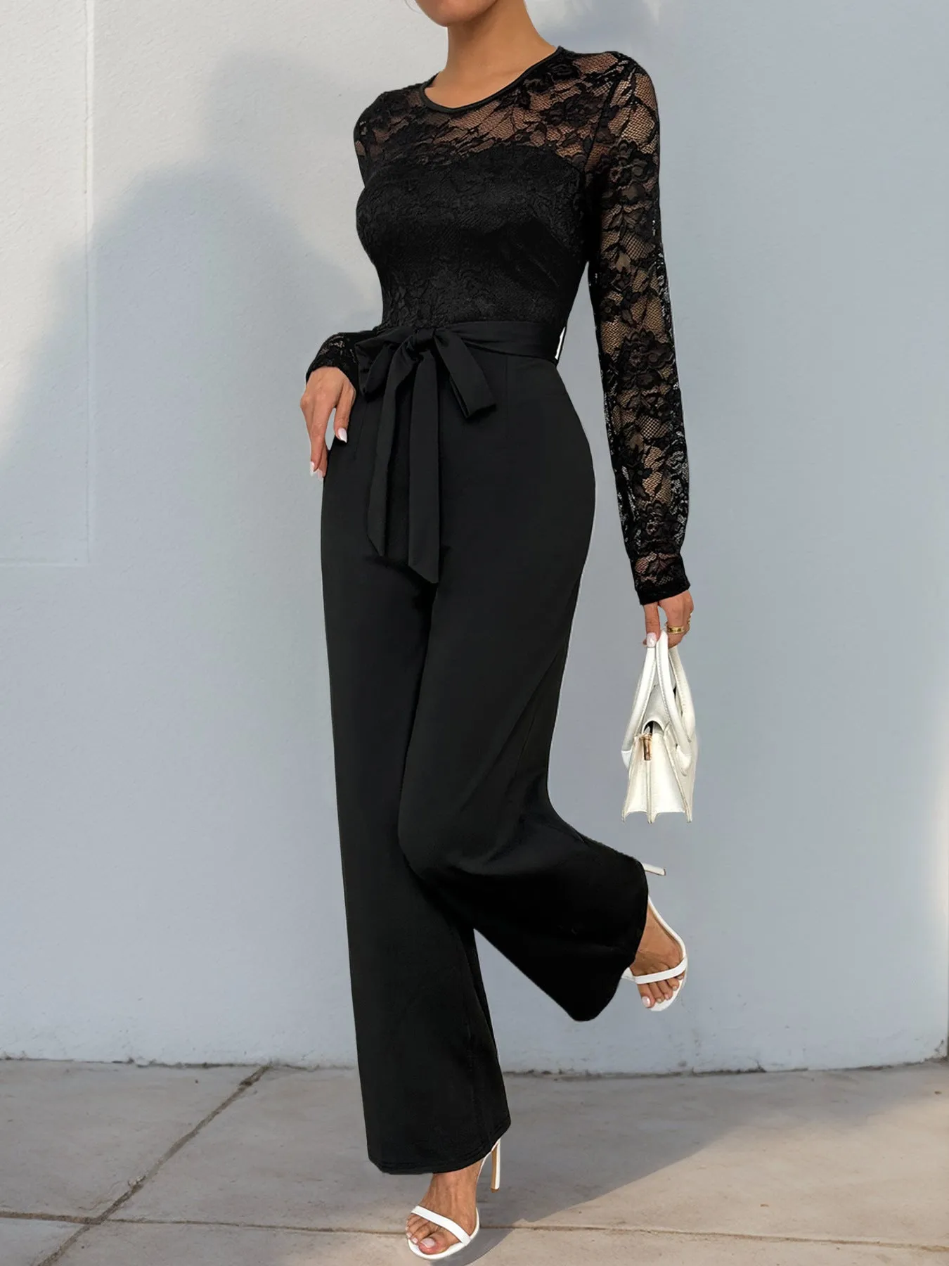 Lace Sleeve Jumpsuit | High Waist Wide Leg One-Piece