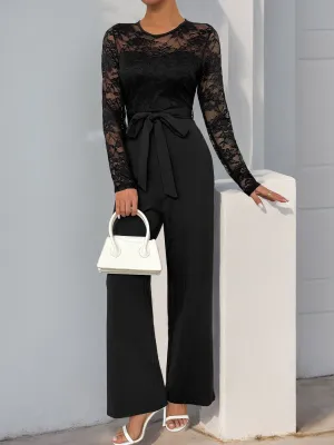 Lace Sleeve Jumpsuit | High Waist Wide Leg One-Piece