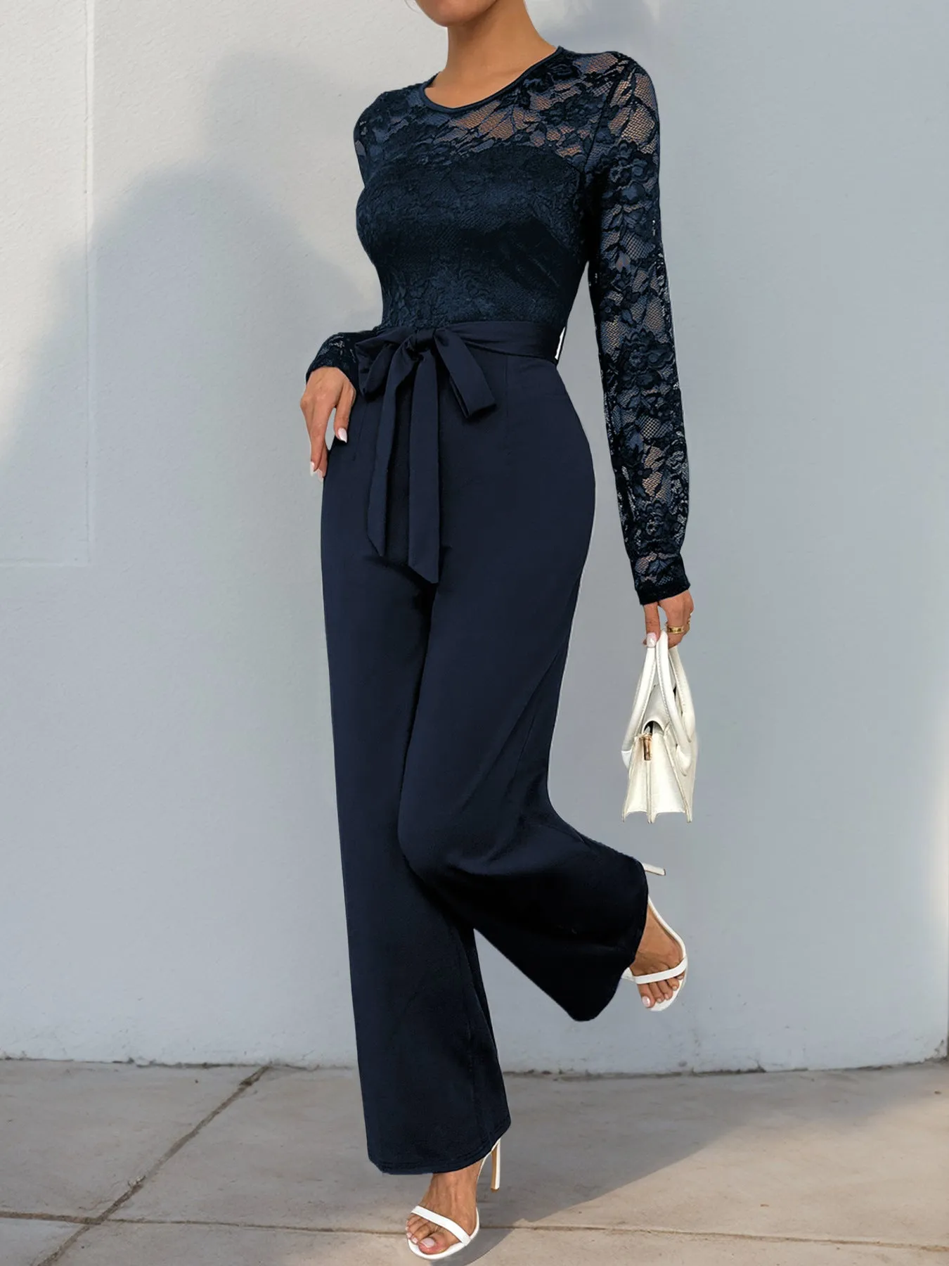 Lace Sleeve Jumpsuit | High Waist Wide Leg One-Piece