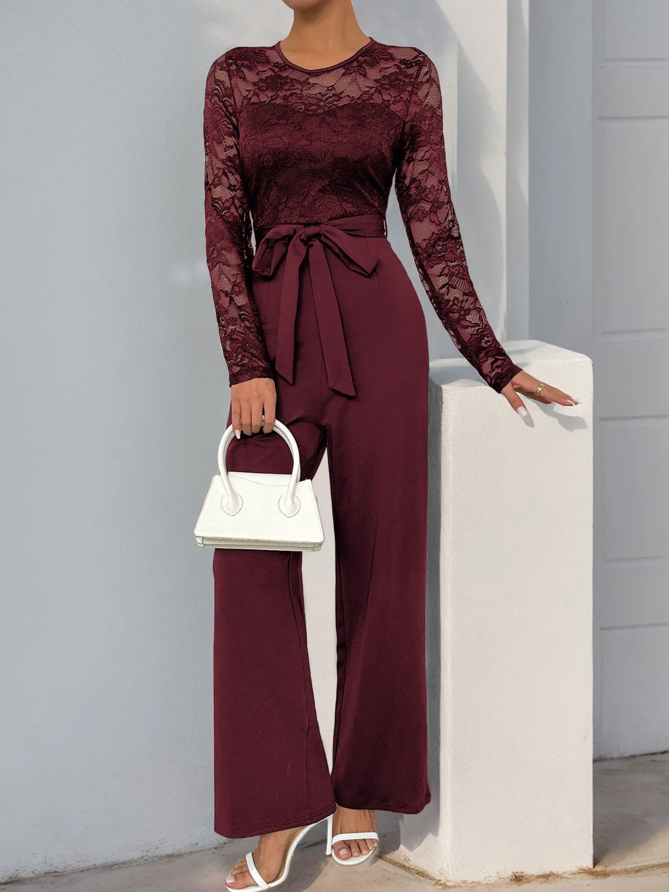 Lace Sleeve Jumpsuit | High Waist Wide Leg One-Piece