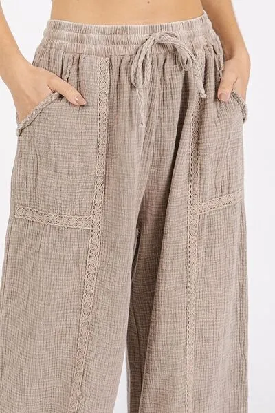 Lace Trim Detail Elastic Waist Cotton Gauze Pants