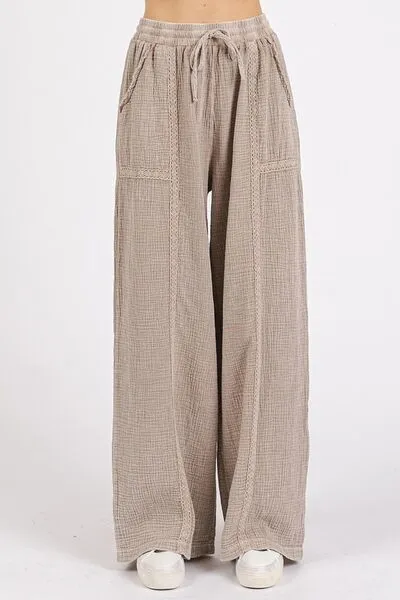 Lace Trim Detail Elastic Waist Cotton Gauze Pants