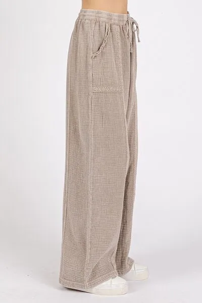 Lace Trim Detail Elastic Waist Cotton Gauze Pants