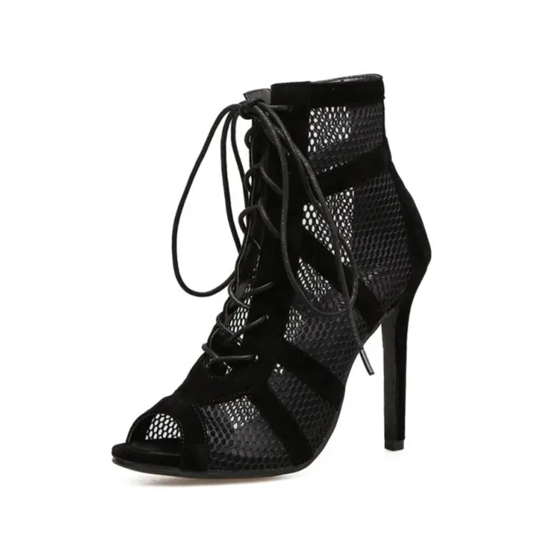Lace-up Mesh Sandals with Open-Toe Stiletto Design
