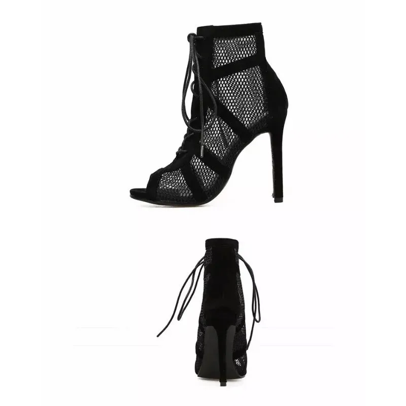 Lace-up Mesh Sandals with Open-Toe Stiletto Design