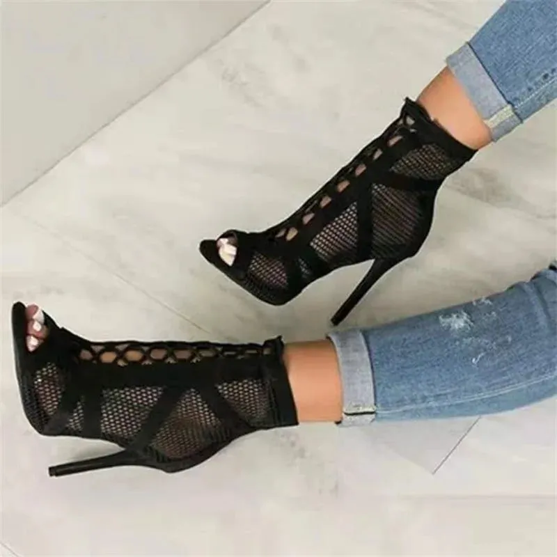 Lace-up Mesh Sandals with Open-Toe Stiletto Design