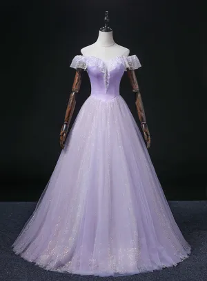 Lavender Tulle Sweetheart Off Shoulder Formal Dress, Long Party Dress Prom Dress