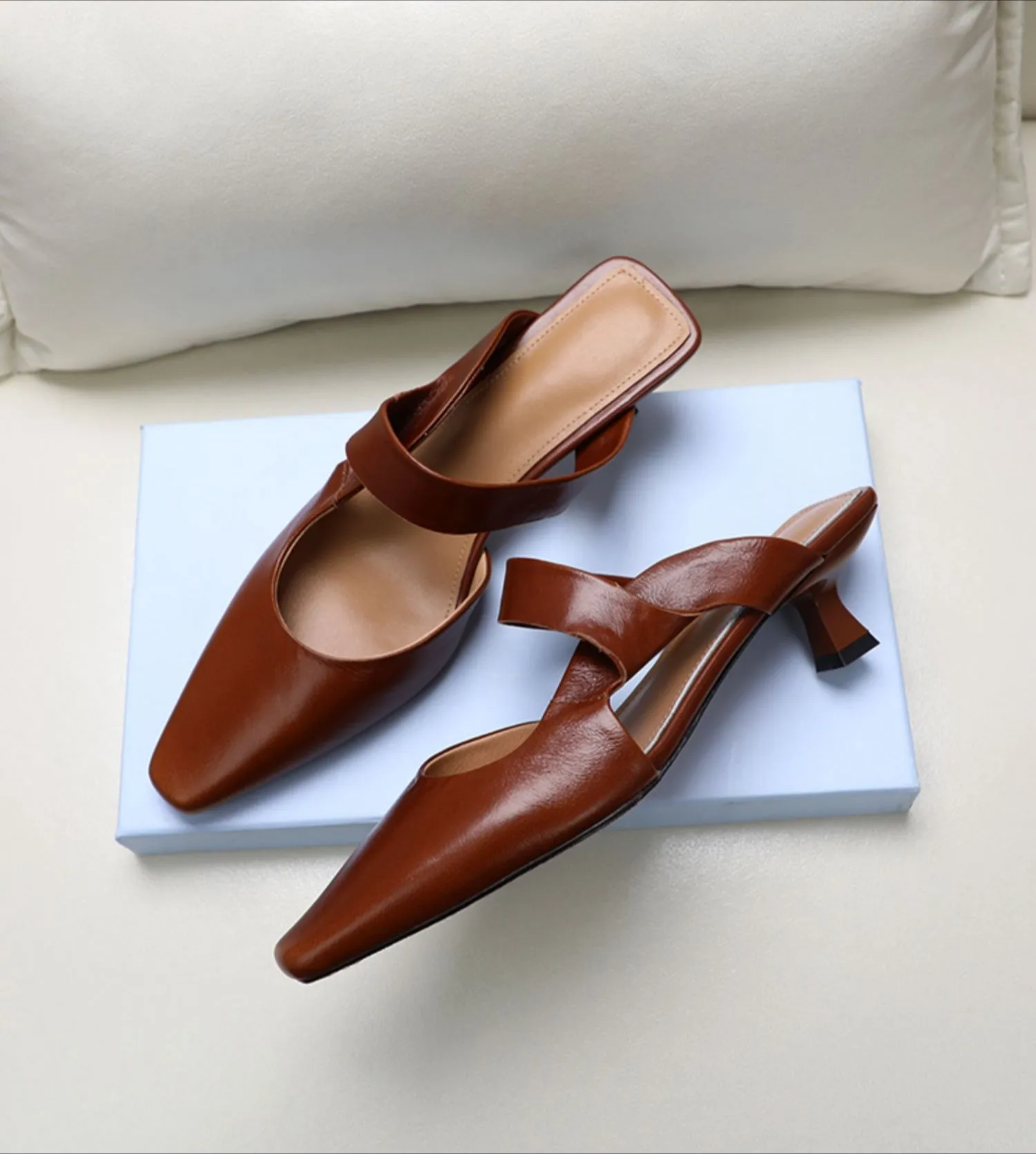 Leather Korean French Style - Sandal Shoe with Asymmetrical Strap