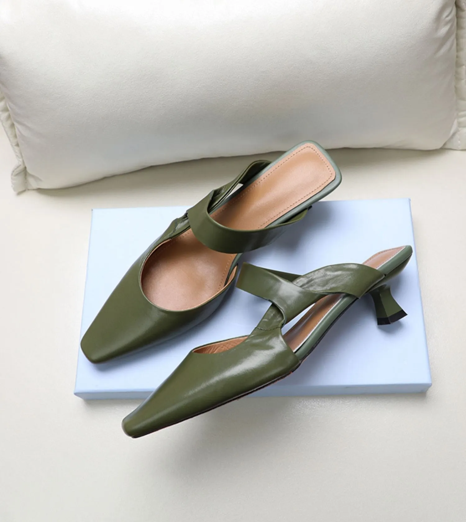Leather Korean French Style - Sandal Shoe with Asymmetrical Strap
