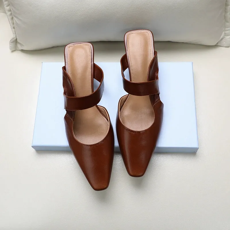 Leather Korean French Style - Sandal Shoe with Asymmetrical Strap