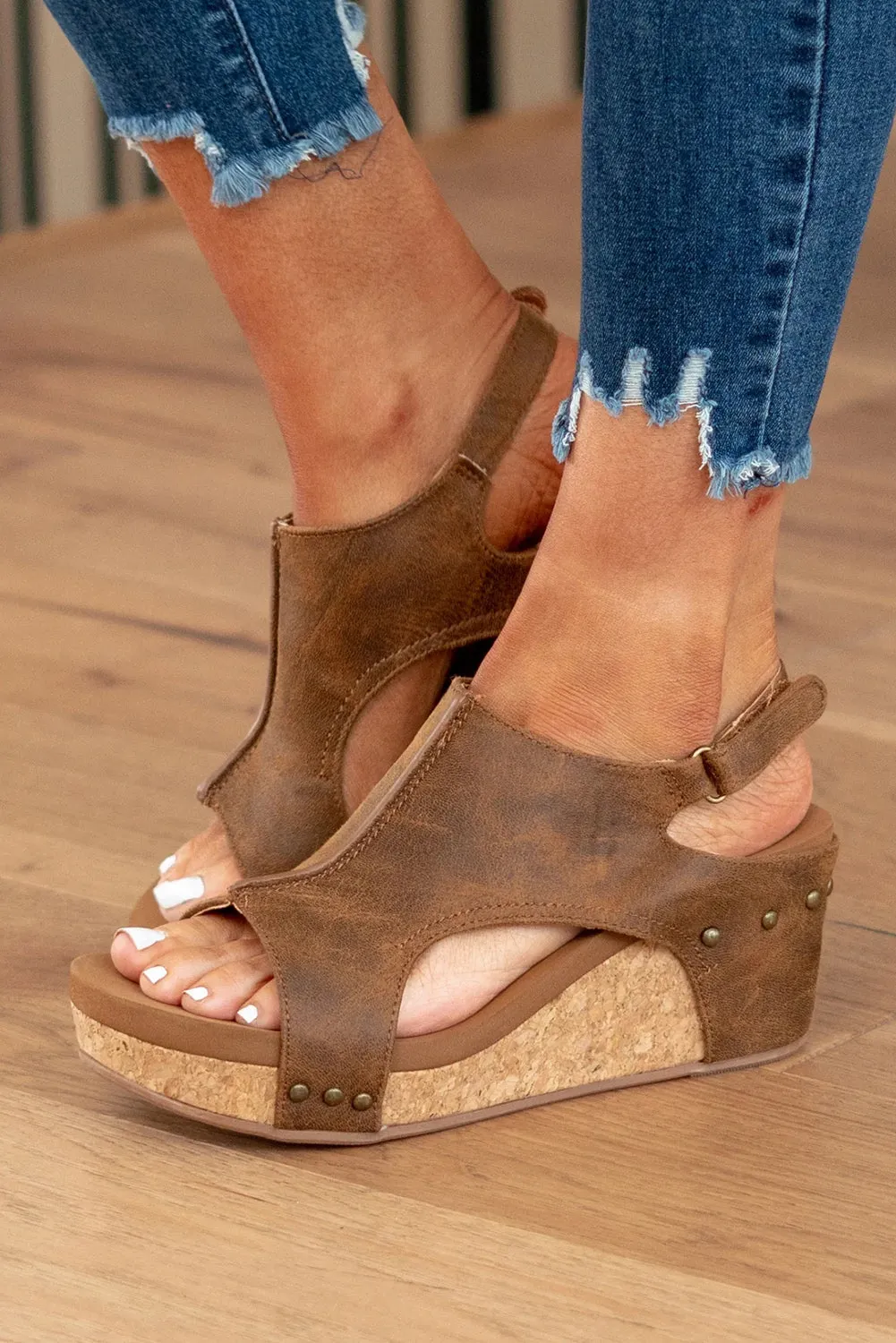 Leather Stitching Studded Wedge Sandals