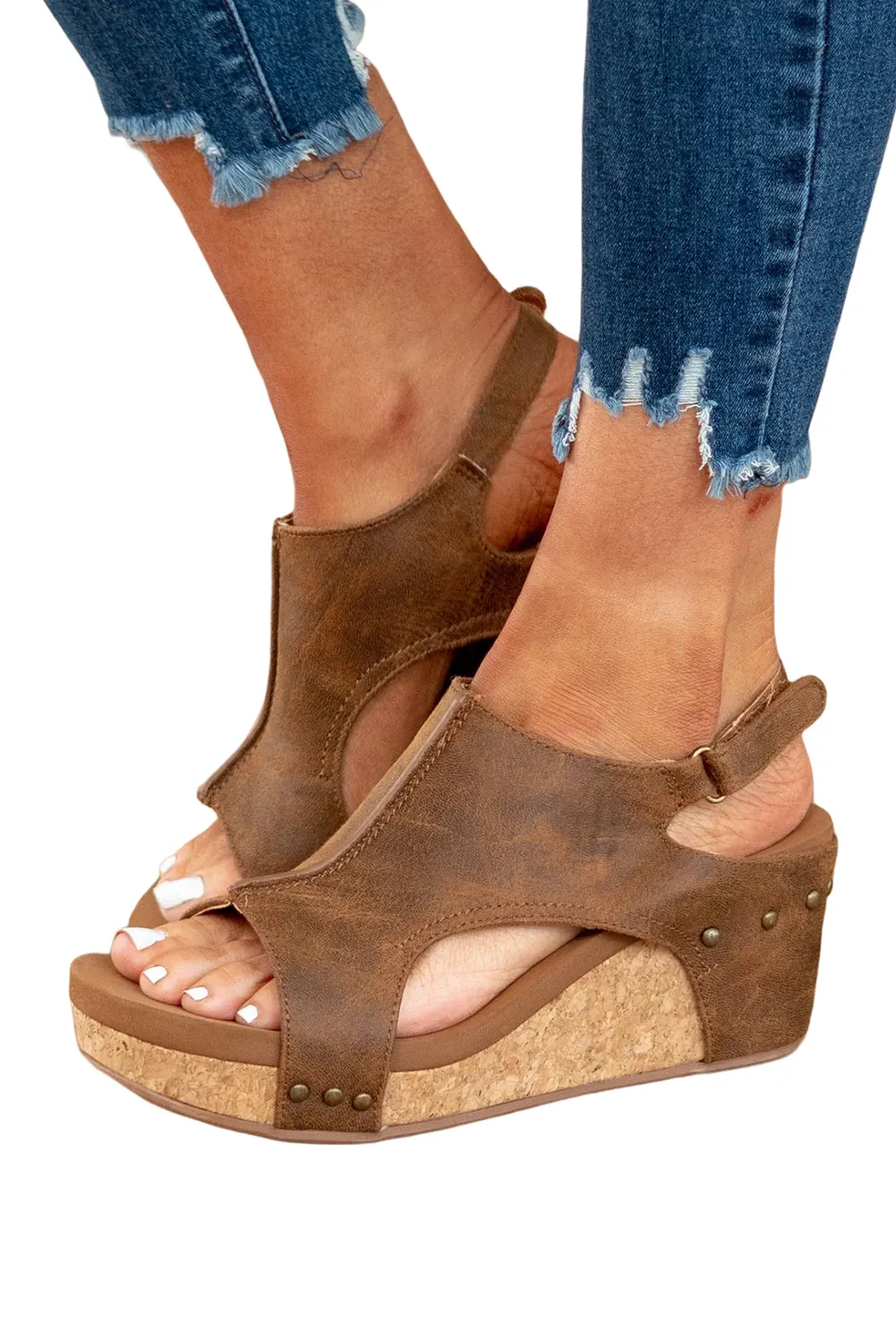 Leather Stitching Studded Wedge Sandals