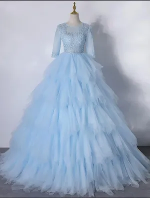 Light Blue Layers Tulle with Lace Princess Gown, Short Sleeves Ball Gown Sweet 16 Dress