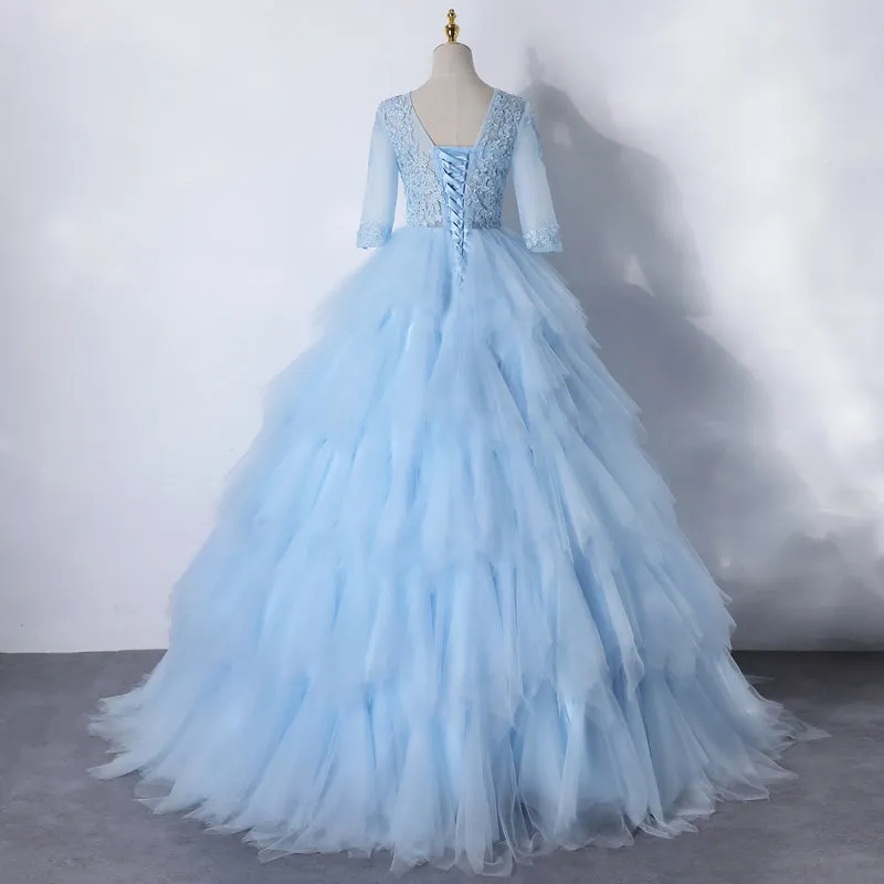Light Blue Layers Tulle with Lace Princess Gown, Short Sleeves Ball Gown Sweet 16 Dress