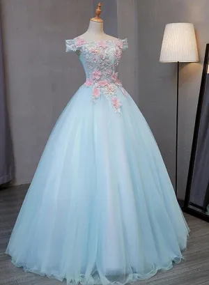 Light Blue Long Floral Tulle Sweet 16 Dress,  Quinceanera Dress