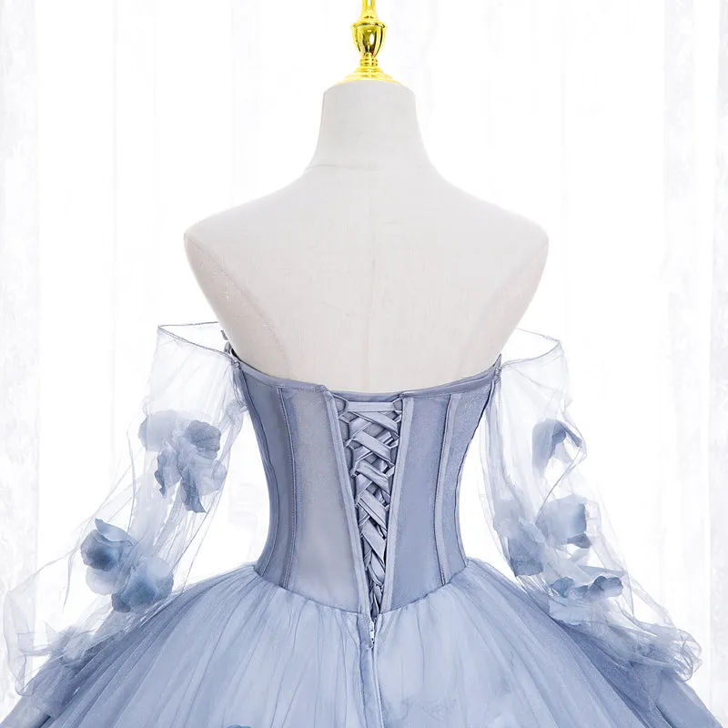 Light Blue Tulle Long Sleeves with Flowers, Blue Junior Prom Dresses