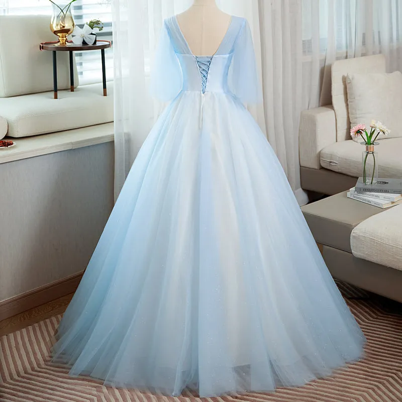Light Blue V-neckline Long Puffy Sleeves Party Dress, Blue Evening Gown