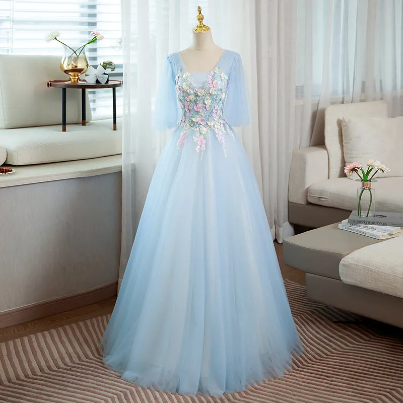 Light Blue V-neckline Long Puffy Sleeves Party Dress, Blue Evening Gown