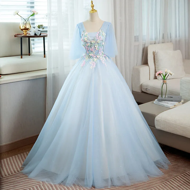 Light Blue V-neckline Long Puffy Sleeves Party Dress, Blue Evening Gown