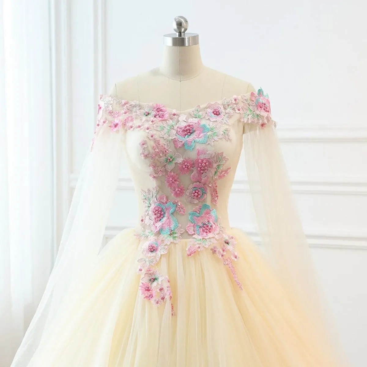 Light Champagne Off Shoulder Tulle with Flowers Formal Gown, Long Sweet 16 Dress