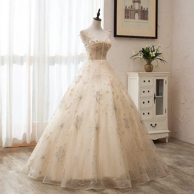 Light Champagne Tulle Ball Gown Straps Sweet 16 Gown, Ball Gown Long Formal Dress