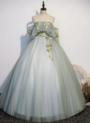 Light Green Tulle Long Party Dress Sweet 16 Dresses, Off Shoulder Prom Dresses