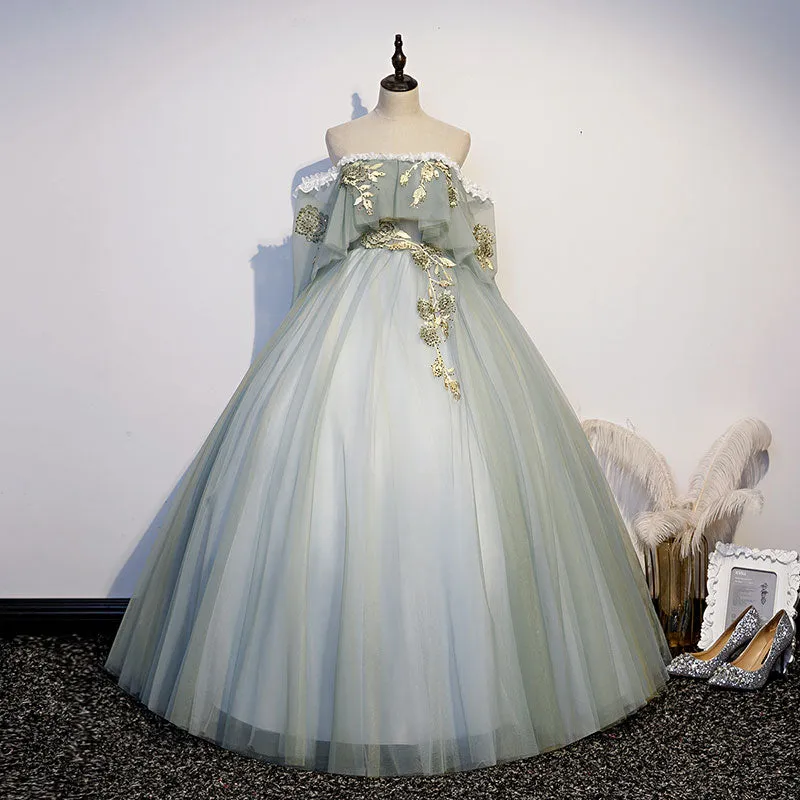 Light Green Tulle Long Party Dress Sweet 16 Dresses, Off Shoulder Prom Dresses