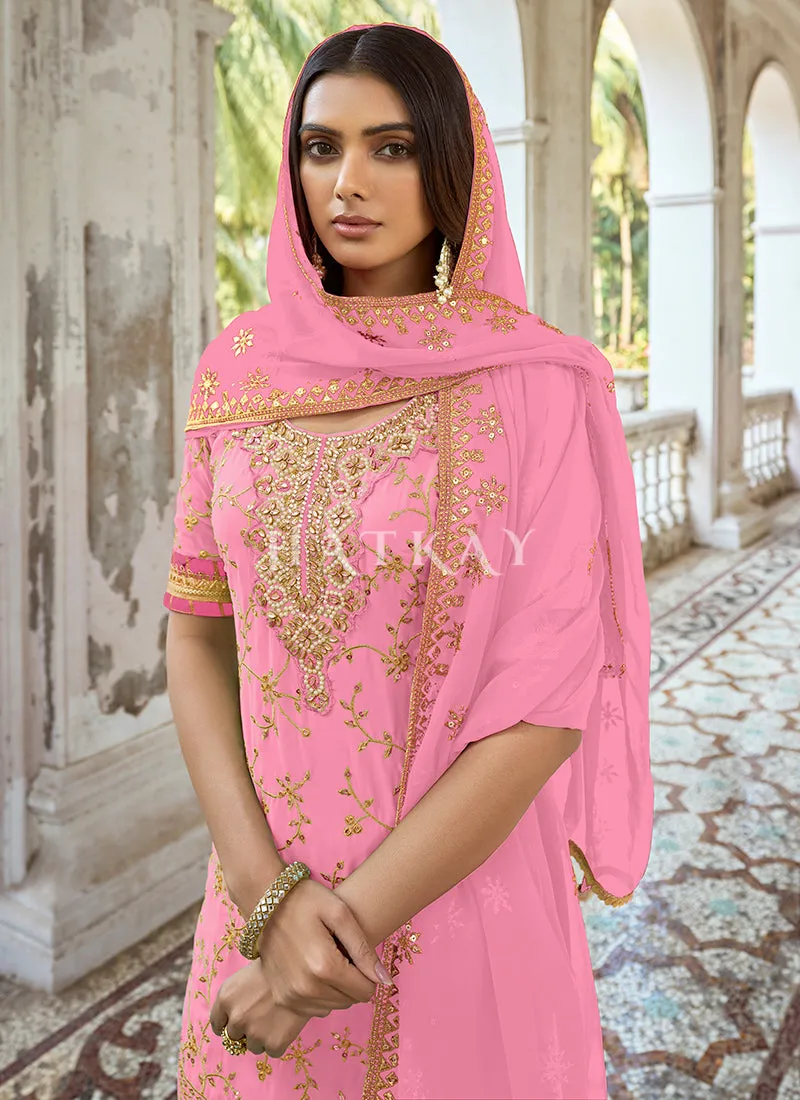 Light Pink Embroidery Traditional Georgette Palazzo Suit