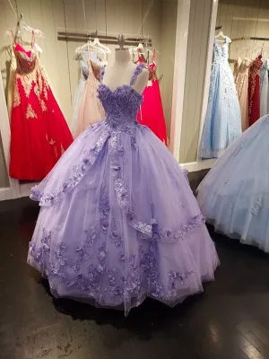 Light Purple Sweetheart Tulle with Flowers Straps Party Dress, Ball Gown Sweet 16 Dress