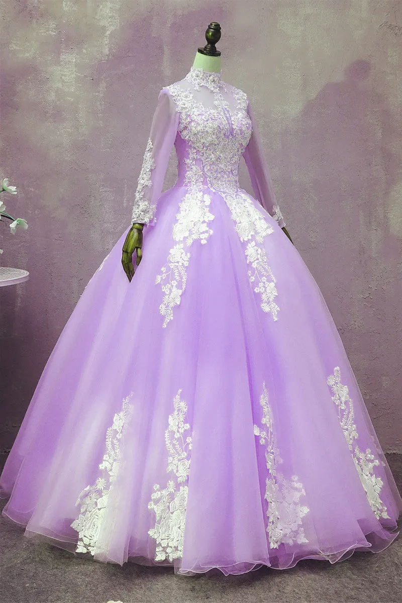 Light Purple Tulle Long Sleeves Applique Sweet 16 Gown, Beautiful Evening Dress Formal Dress