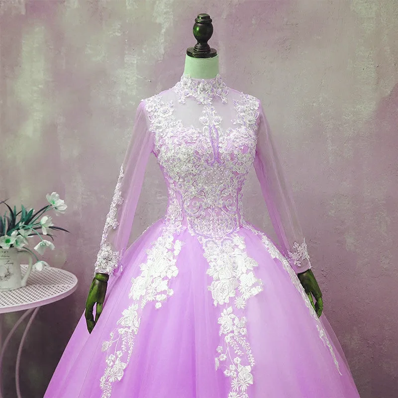 Light Purple Tulle Long Sleeves Applique Sweet 16 Gown, Beautiful Evening Dress Formal Dress